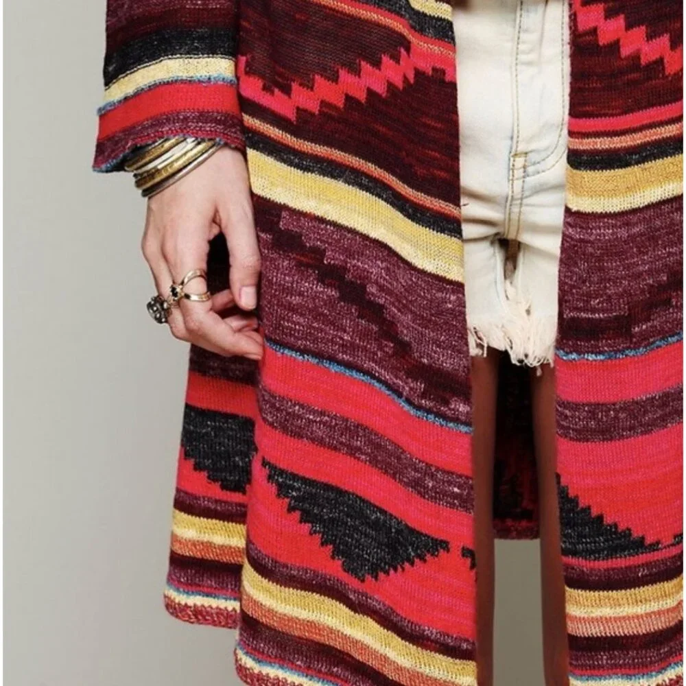 Free People Hooded Long Multicolor Cardigan | Boho Coastal Cowgirl Tribal Indie - Picture 5 of 16
